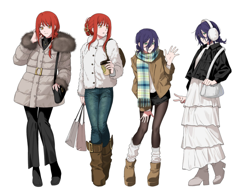 2girls, alternate_costume, bag, black_bag, black_jacket, black_pants, black_pantyhose, black_shoes, black_skirt, black_sweater, blue_pants, blue_scarf, boots, braid, breasts, brown_bag, brown_boots, brown_coat, chainsaw_man, closed_mouth, coat, cup, denim, disposable_coffee_cup, disposable_cup, dress, earmuffs, frilled_dress, frills, full_body, fur-trimmed_coat, fur_trim, green_eyes, grey_coat, hair_between_eyes, hair_bun, hair_ornament, hair_over_shoulder, hairclip, hand_in_own_hair, highres, holding, holding_bag, holding_cup, jacket, jeans, jewelry, kayuu_(hikentai0112), leaning_forward, light_blush, light_smile, long_dress, long_hair, loose_socks, makima_(chainsaw_man), medium_breasts, medium_hair, miniskirt, multiple_girls, multiple_views, necklace, orange_eyes, pants, pantyhose, parted_lips, plaid_clothes, plaid_scarf, puffy_coat, purple_hair, red_hair, reze_(chainsaw_man), ringed_eyes, scarf, shirt, shoes, shopping_bag, shoulder_bag, sidelocks, single_braid, skirt, socks, standing, sweater, turtleneck, turtleneck_dress, turtleneck_sweater, updo, v, waving, white_background, white_boots, white_coat, white_dress, white_shirt, white_socks