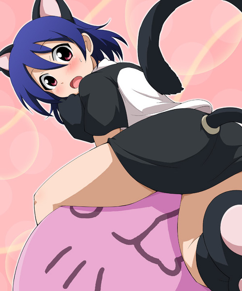 animal_ears, balance_ball, bioroid_hei, blue_hair, blush, cat_ears, cat_tail, paws