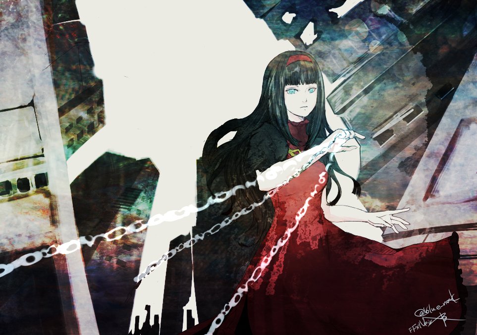 1girl, black_hair, blue_eyes, blunt_bangs, chain, closed_mouth, copyright_name, dress