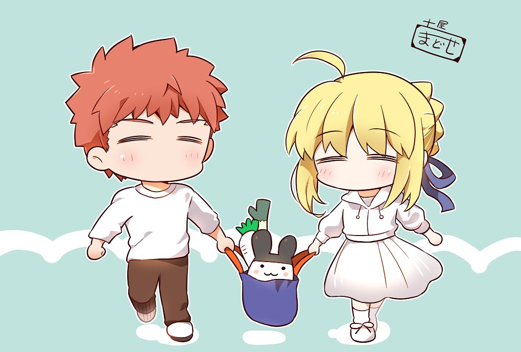 :3, ahoge, artist_self-insert, artoria_pendragon_(fate), blonde_hair, bow, braid, brown_pants