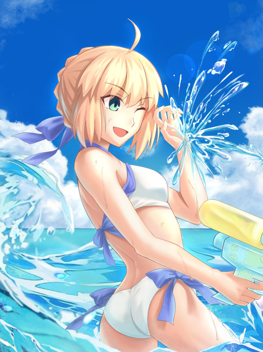 1girl, ahoge, andychen662000, artoria_pendragon_(fate), artoria_pendragon_(swimsuit_archer)_(fate), ass, bikini, blonde_hair