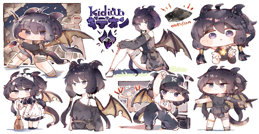 +++, 1girl, apron, arm_up, asymmetrical_sleeves, bandaged_arm, bandaged_leg, bandages, baseball_cap, black_dress, black_hair, black_hat, black_pants, blush, boombox, broom, character_name, chibi, chibi_inset, clenched_hand, closed_mouth, commentary_request, dragon_ears, dragon_girl, dragon_horns, dragon_tail, dragon_wings, dress, grass, hat, heart, highres, holding, holding_broom, holding_weapon, horns, kidian_(trickcal), kotatu_(akaki01aoki00), kunai, maid_headdress, multiple_views, off_shoulder, pants, parted_lips, purple_hair, short_hair_with_long_locks, simple_background, sitting, tail, torn_clothes, torn_wings, trickcal, viewer_self-insert, weapon, white_apron, wings