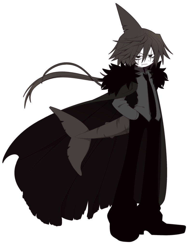1boy, black_eyes, cape, fins, fish_tail, funamusea, funamusea_(artist), glaring, grey_hair, head_fins, long_hair, looking_at_viewer, official_art, old_(funamusea), oounabara_to_wadanohara, pants, scar, scar_on_face, shirt, shoes, solo, tail, torn_cape, torn_clothes, white_background