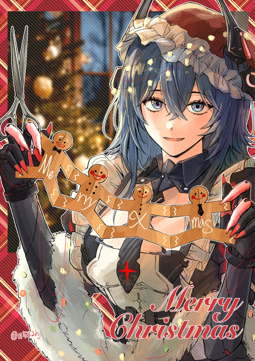1girl, blue_eyes, blue_hair, christmas, christmas_lights, commentary, crossed_bangs, discord:_secator_(pgr), discord_(pgr), double-parted_bangs, eyelashes, fingernails, frills, hair_between_eyes, hands_up, hat, headgear, highres, holding, holding_scissors, looking_at_viewer, maid, maid_headdress, mechanical_arms, merry_christmas, n522hj, paper_doll_chain, parted_lips, puffy_short_sleeves, puffy_sleeves, punishing:_gray_raven, red_hat, santa_hat, scissors, sharp_fingernails, short_hair, short_sleeves, smile, solo, thread, twitter_username, upper_body, watermark, white_headdress