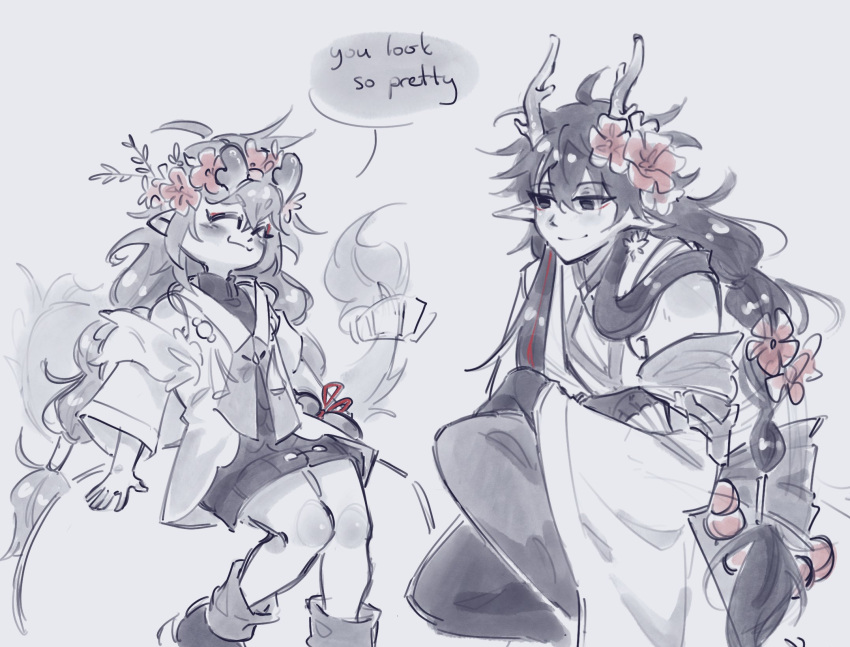 1boy, 1girl, bailu_(honkai:_star_rail), closed_eyes, closed_mouth, dan_heng_(honkai:_star_rail), dan_heng_(imbibitor_lunae)_(honkai:_star_rail), english_commentary, english_text, flower, hair_between_eyes, highres, honkai:_star_rail, honkai_(series), horns, looking_at_another, pink_flower, pointy_ears, simple_background, sketch, timely_danheng, too_many_flowers, white_background