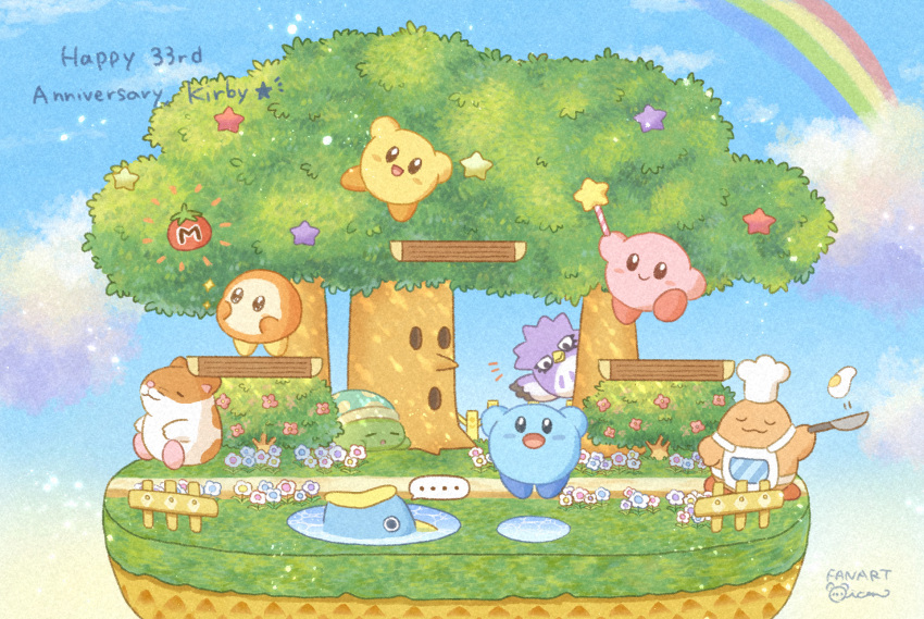 anniversary, blush_stickers, character_name, chef_kawasaki, clouds, coo_(kirby), copyright_name, egg