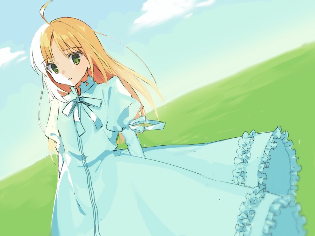 1girl, ahoge, alternate_hairstyle, artoria_pendragon_(fate), blonde_hair, blue_bow, blue_dress, bow