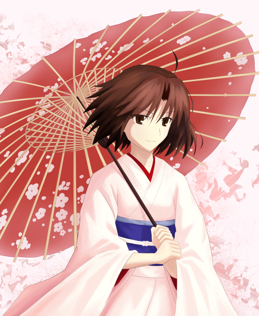 1girl, absurdres, ahoge, andychen662000, brown_eyes, brown_hair, cherry_blossoms, fate/grand_order