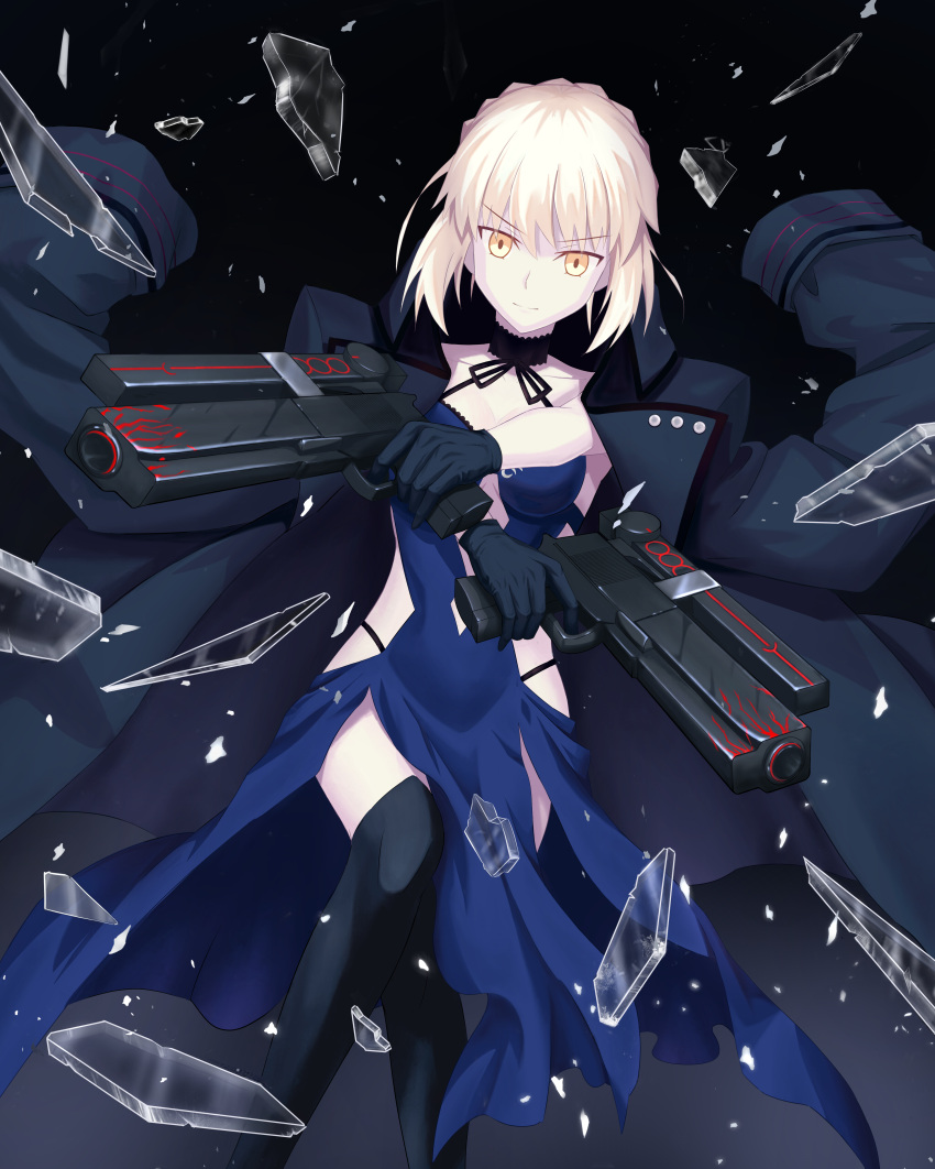 1girl, absurdres, andychen662000, artoria_pendragon_(fate), black_choker, black_gloves, black_jacket, blonde_hair