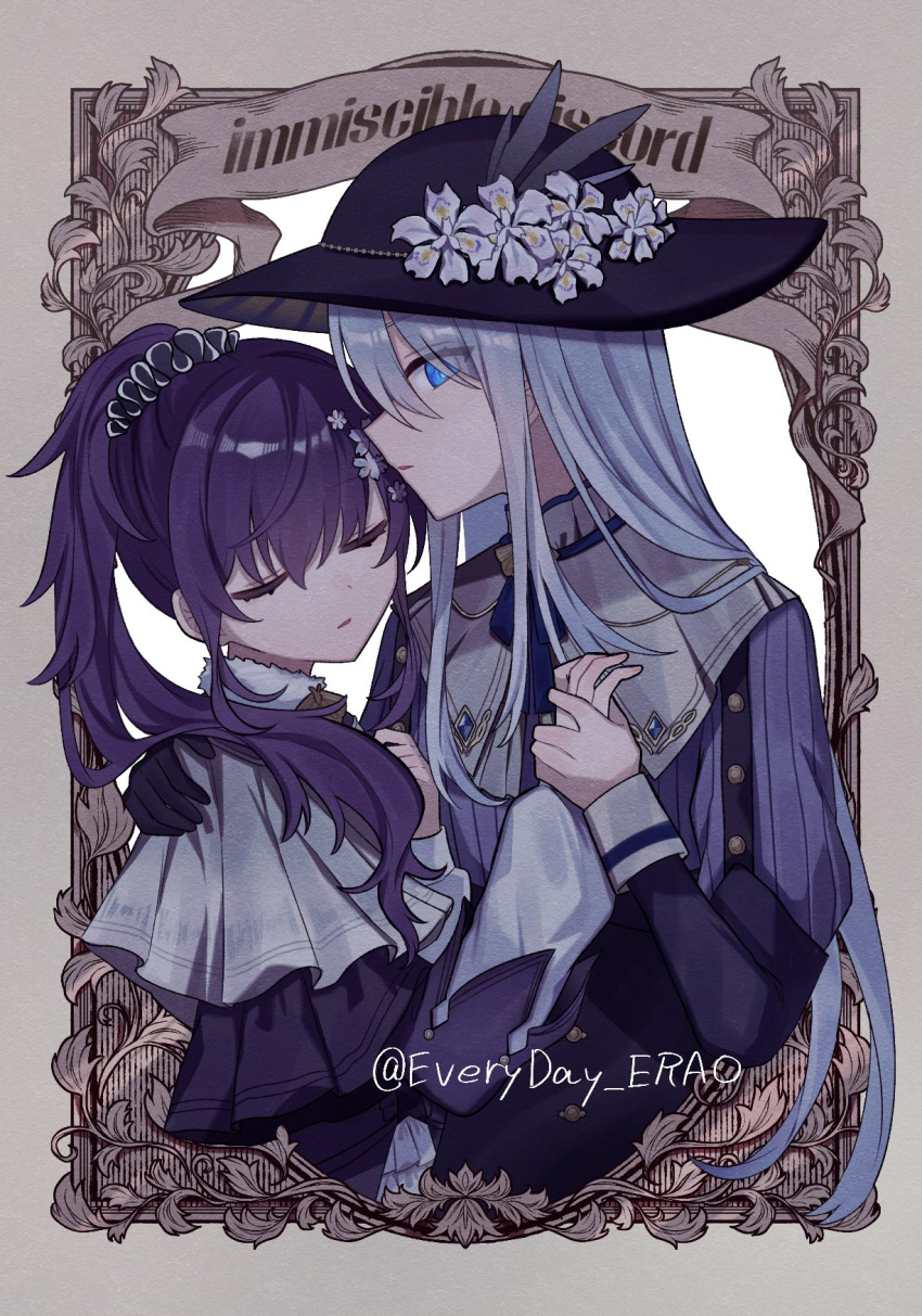 2girls, asahina_mafuyu, blue_eyes, blue_hair, capelet, closed_eyes, dress, erao