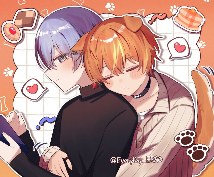 2boys, animal_ears, aoyagi_touya, black_collar, black_shirt, blush, bone_print, border