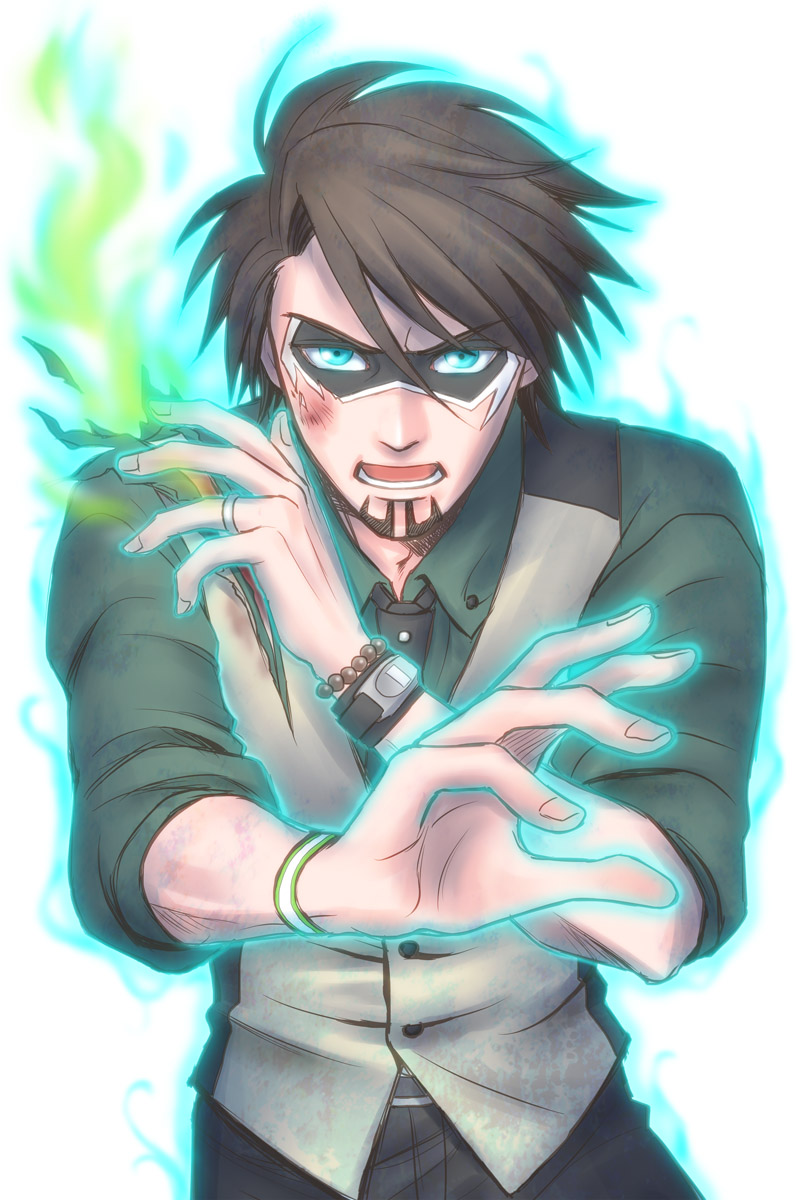 aqua_eyes, blue_eyes, bracelet, brown_hair, facial_hair, glowing, hals0524, highres, injury, jewelry, kaburagi_t_kotetsu, male, mask, necktie, short_hair, solo, spoilers, stubble, tiger_&amp;_bunny, vest, watch, wristwatch