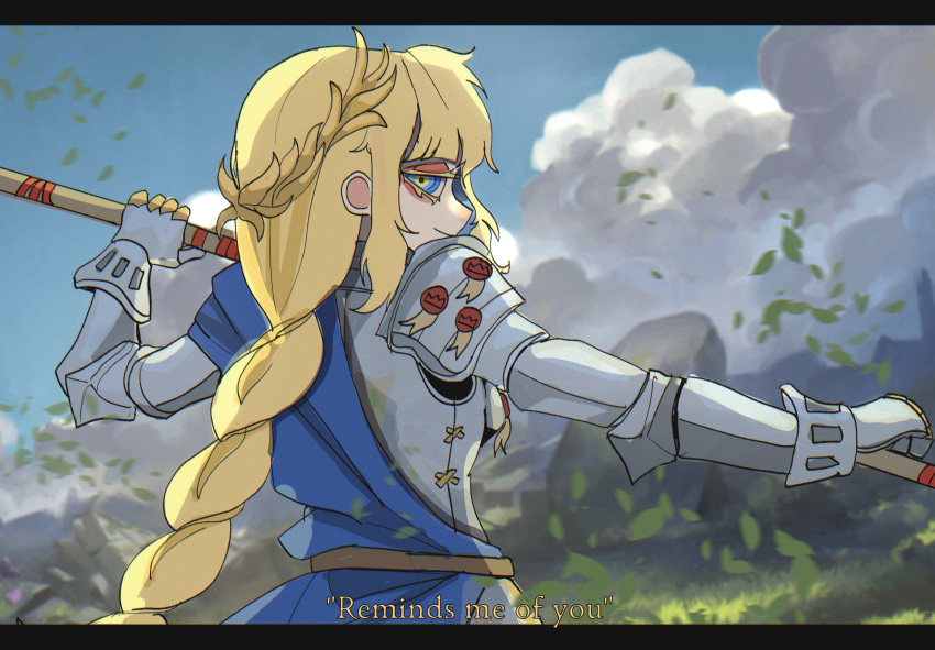 1girl, absurdres, ahoge, armor, basedbinkie, blonde_hair, blue_cape, blue_sky