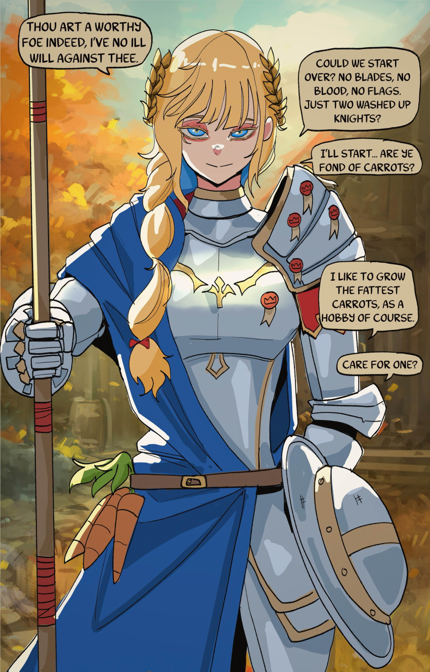 1girl, absurdres, armor, autumn, autumn_leaves, basedbinkie, blonde_hair, blue_cape
