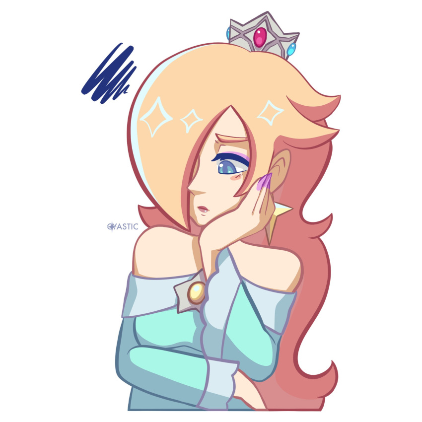 aqua_dress, brooch, crown, cyastics, dress, earrings, grey_crown, hair_over_one_eye