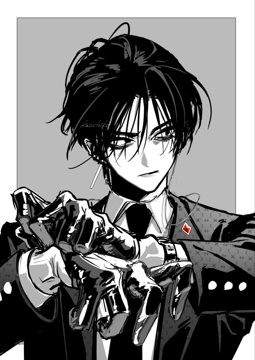 1boy, bags_under_eyes, blazer, border, chain, chain_earrings, collared_shirt, earrings