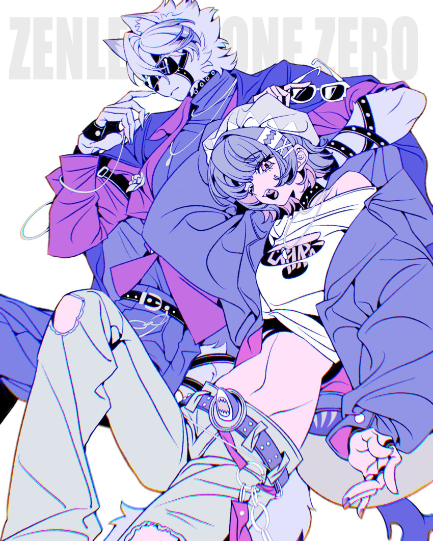 1boy, 1girl, cosplay, crop_top, denim, ellen_joe, furry, furry_male