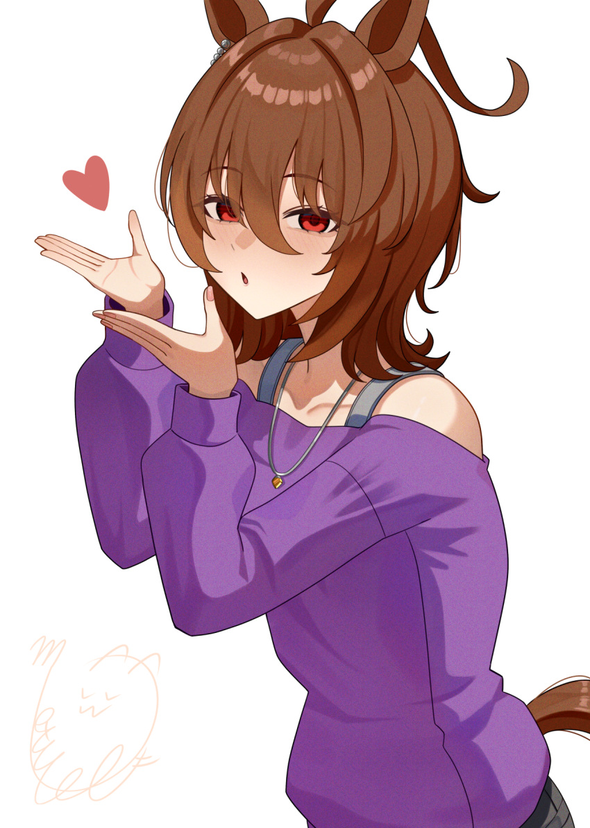 1girl, agnes_tachyon_(casual)_(umamusume), agnes_tachyon_(umamusume), ahoge, animal_ears, blowing_kiss, blush, brown_hair