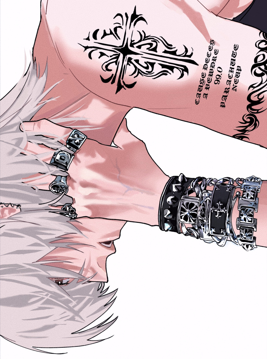 1boy, absurdres, arm_tattoo, black_tank_top, bracelet, brown_eyes, commentary, cross_tattoo