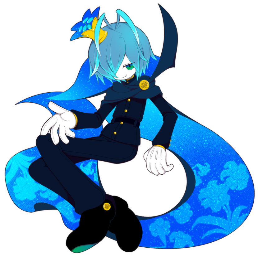 1boy, antenna_hair, blue_hair, cape, crown, funamusea, funamusea_(artist), gloves, green_eyes, hair_over_one_eye, jacket, liliya_(funamusea), long_sleeves, male_focus, official_art, one_eye_covered, pants, shirt, short_hair, solo, white_background, white_gloves