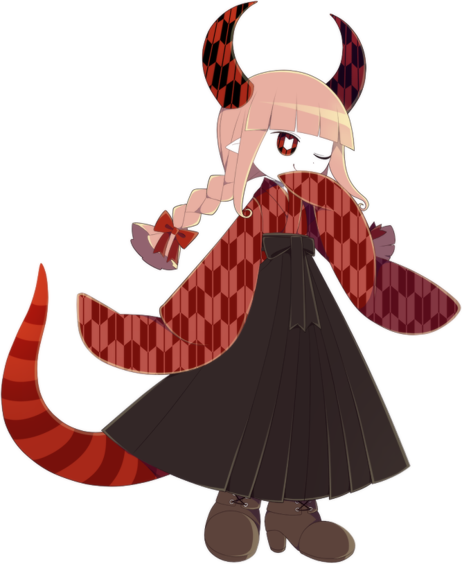 1girl, boots, braid, colored_skin, demon_girl, demon_horns, funamusea, funamusea_(artist), hakama, hakama_skirt, horns, japanese_clothes, laurentia_(funamusea), long_hair, official_art, pink_hair, pointy_ears, red_eyes, sidelocks, skirt, solo, symbol-shaped_pupils, tail, twin_braids, white_background, yagasuri