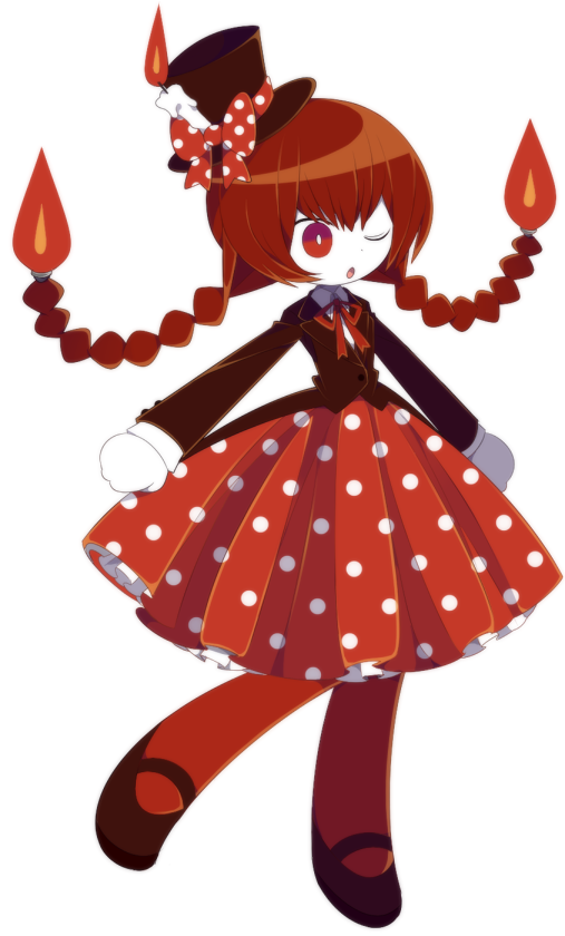 1girl, braid, bright_pupils, candla_(funamusea), candle, colored_skin, funamusea, funamusea_(artist), hat, jacket, long_hair, neck_ribbon, official_art, one_eye_closed, open_mouth, polka_dot, red_eyes, red_hair, red_ribbon, ribbon, shirt, shoes, top_hat, twin_braids, white_background, white_pupils, white_shirt, white_skin