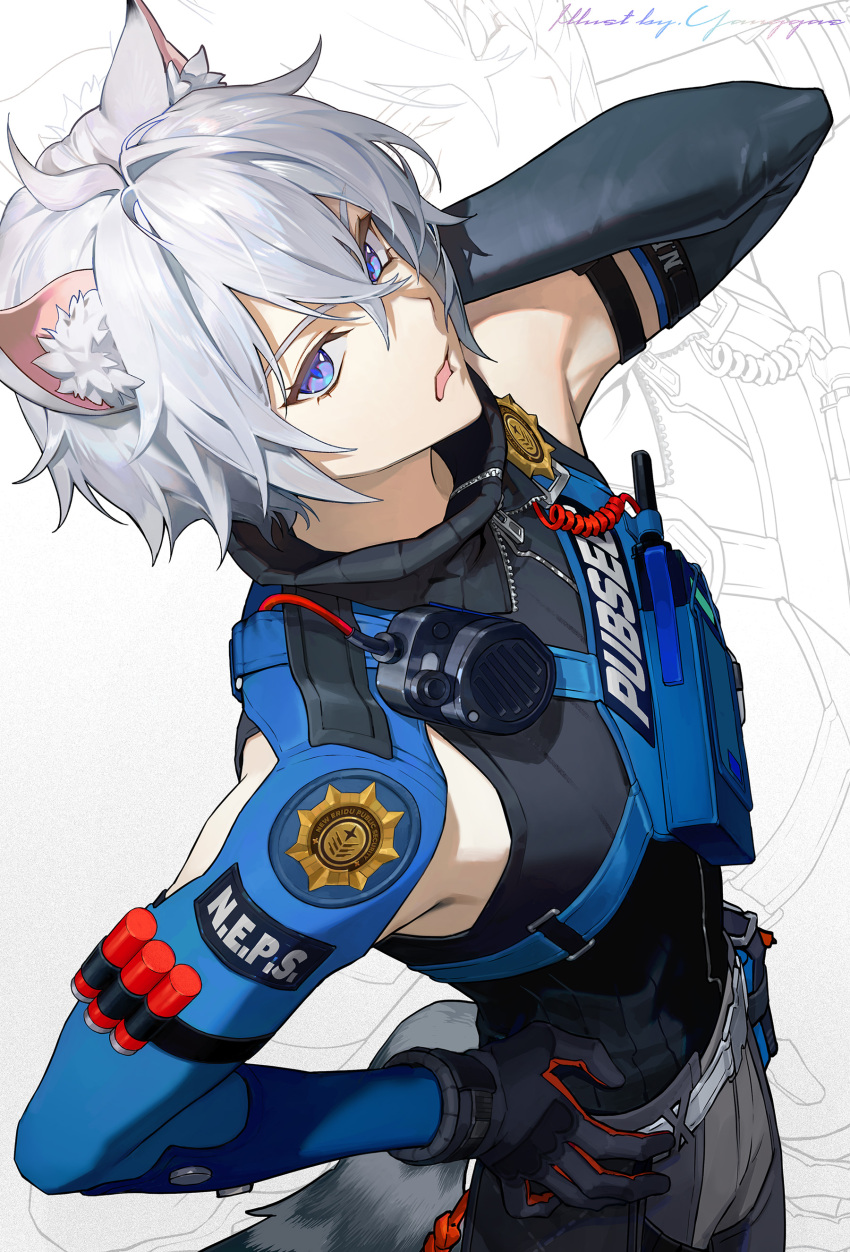 1boy, absurdres, animal_ears, arm_behind_head, armpits, belt, cat_boy, cat_ears