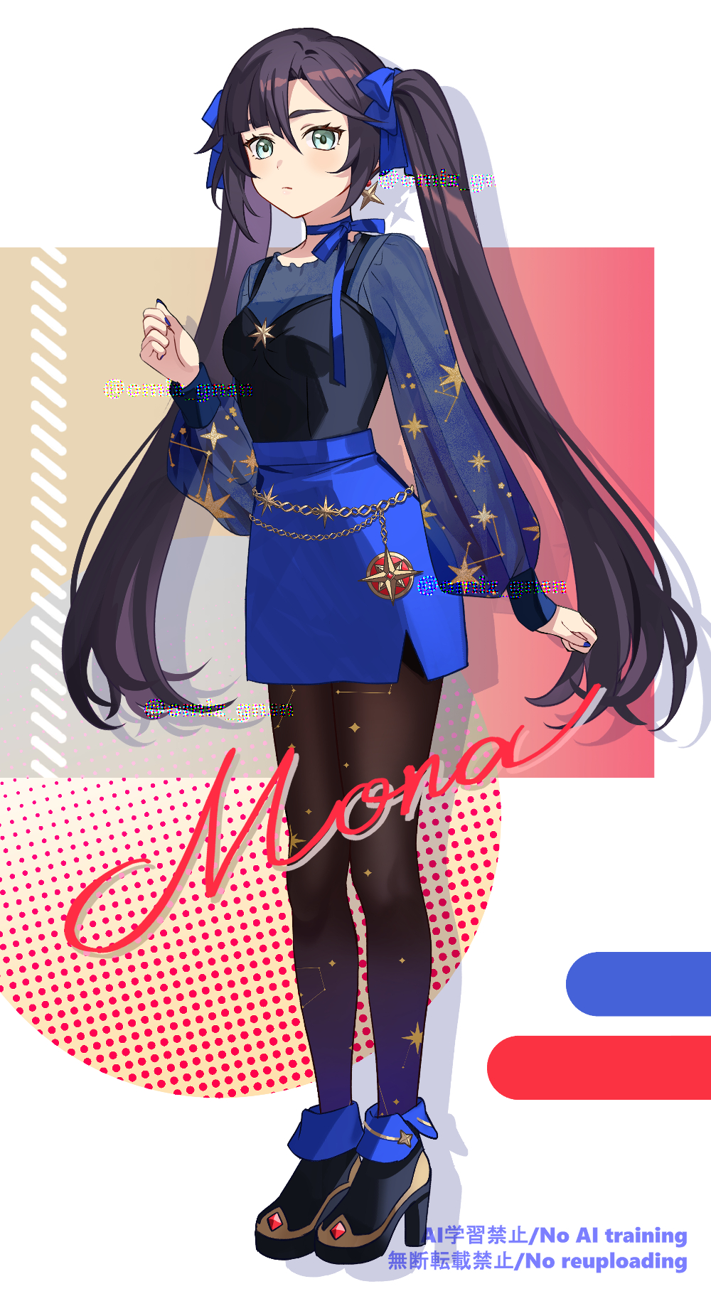 1girl, aqua_eyes, black_hair, black_pantyhose, blue_skirt, character_name, closed_mouth, earrings, english_text, full_body, genshin_impact, hair_between_eyes, high_heels, highres, jewelry, long_hair, long_sleeves, looking_at_viewer, miz_(mi), mona_(genshin_impact), pantyhose, shadow, simple_background, skirt, solo, standing, twintails