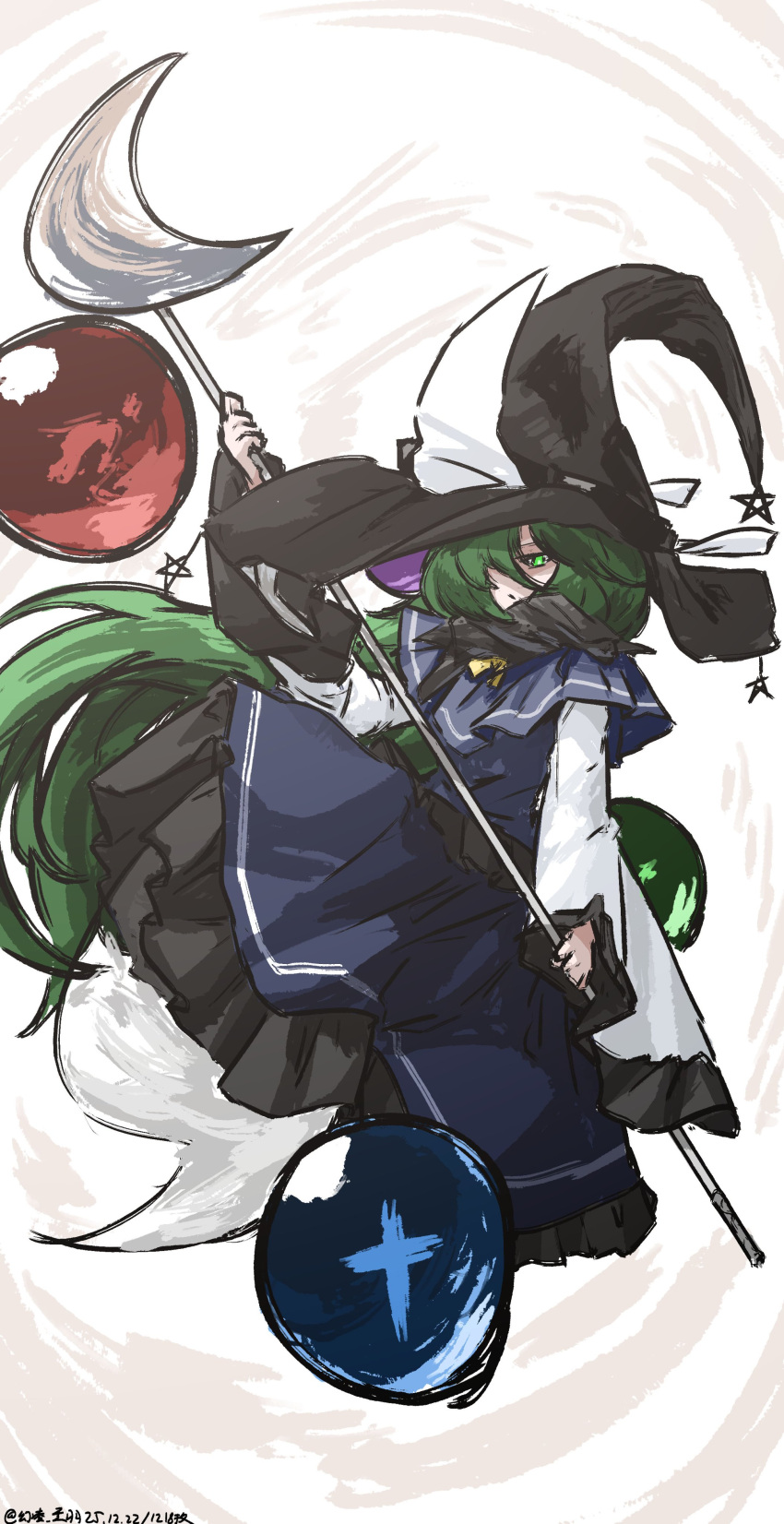 absurdly_long_hair, absurdres, bow, capelet, crescent, dress, ghost_tail, green_eyes