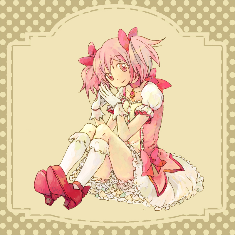 choker, den, gloves, hair_bow, hair_ribbon, high_heels, kaname_madoka, kneehighs