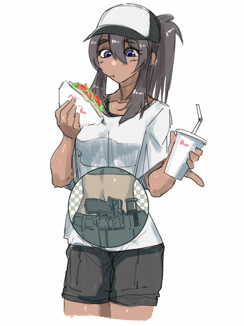1girl, baseball_cap, black_hair, cb_(c-board), concealed_weapon, cup, dark-skinned_female, dark_skin