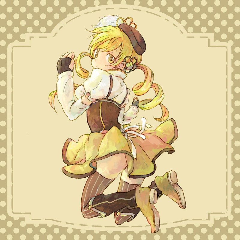 beret, blonde_hair, boots, den, detached_sleeves, drill_hair, fingerless_gloves, hair_ornament