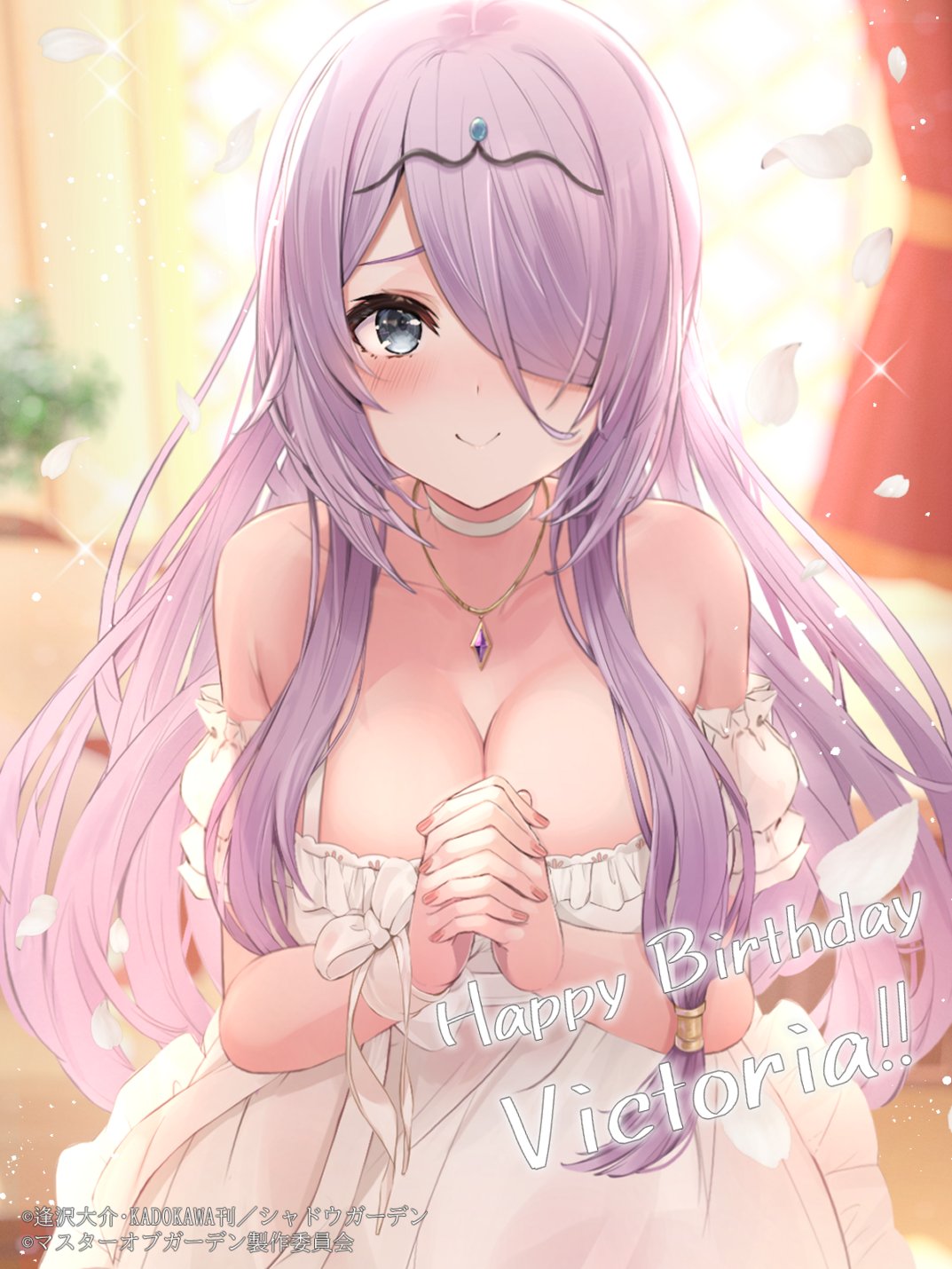 1girl, artist_request, blue_eyes, blurry, blurry_background, blush, breasts, choker