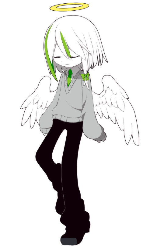 1boy, angel, angel_wings, closed_eyes, closed_mouth, colored_skin, egmont_(funamusea), feathered_wings, funamusea, funamusea_(artist), green_hair, halo, long_sleeves, medium_hair, multicolored_hair, official_art, school_uniform, shirt, shoes, solo, traditional_halo, white_background, white_hair, white_skin, wings