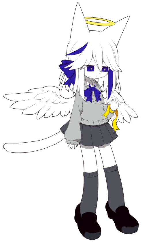 1girl, angel, angel_wings, animal_ears, blue_eyes, blue_hair, bow, cat_ears, cat_girl, cat_tail, closed_mouth, colored_skin, elwine_(funamusea), funamusea, funamusea_(artist), halo, holding, long_sleeves, medium_hair, multicolored_hair, official_art, pleated_skirt, ribbon, school_uniform, shirt, shoes, skirt, solo, tail, traditional_halo, white_background, white_hair, white_skin, wings, yellow_ribbon
