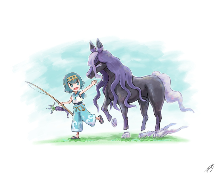 1girl, blue_hair, blue_pants, bright_pupils, commentary_request, fishing_rod, full_body, highres, holding, holding_fishing_rod, horse, lana_(pokemon), open_mouth, pants, pokemon, pokemon_(creature), pokemon_sm, shirt, spectrier, turnip, white_pupils, white_shirt, zeni_maru