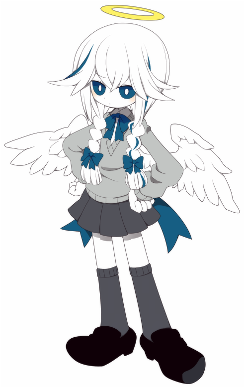 1girl, angel, angel_wings, blue_hair, bow, charlotte_(funamusea), closed_mouth, colored_skin, feathered_wings, funamusea, funamusea_(artist), halo, long_hair, long_sleeves, looking_at_viewer, multicolored_hair, official_art, pleated_skirt, school_uniform, shirt, shoes, skirt, solo, traditional_halo, white_background, white_hair, white_skin, wings