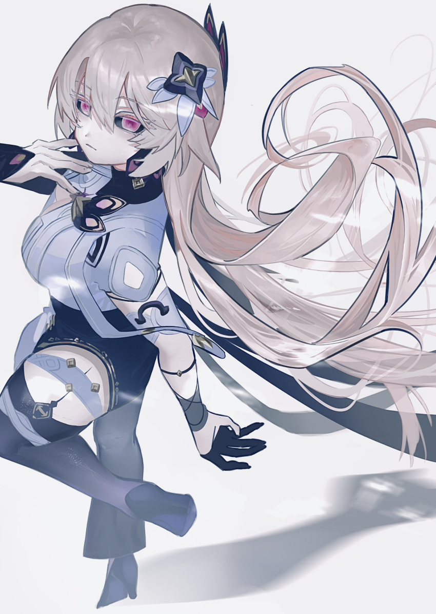 1girl, black_sclera, black_shoes, brown_hair, closed_mouth, colored_sclera, commentary, duoyun_de_tiankong, from_above, from_side, gloves, hair_between_eyes, highres, honkai_(series), honkai_impact_3rd, leg_up, long_hair, red_eyes, sa_(honkai_impact), shadow, shoes, solo, very_long_hair, white_background