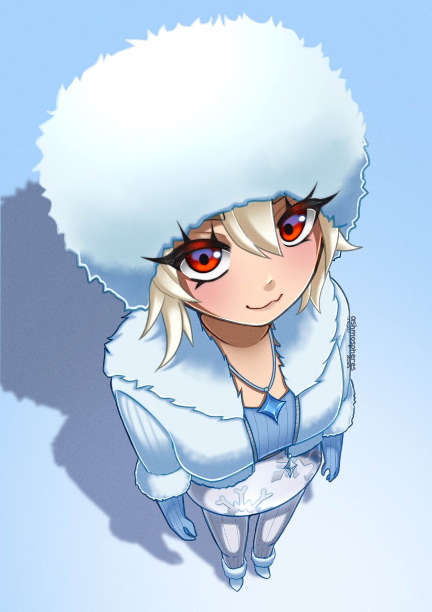 1girl, :3, ashmospheres, blue_gloves, blue_jacket, blue_shirt, blue_skirt, fortnite, fur_hat, fur_jacket, gloves, hat, highres, jacket, jewelry, lexa_(fortnite), necklace, red_eyes, shirt, skirt, smile, white_hair