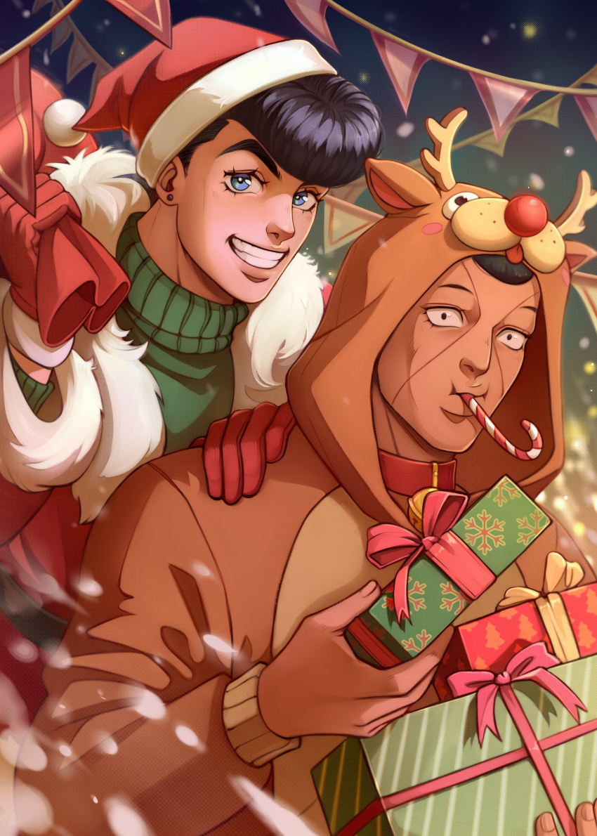 2boys, absurdres, animal_costume, animal_ears, antlers, bell, black_hair, blue_eyes