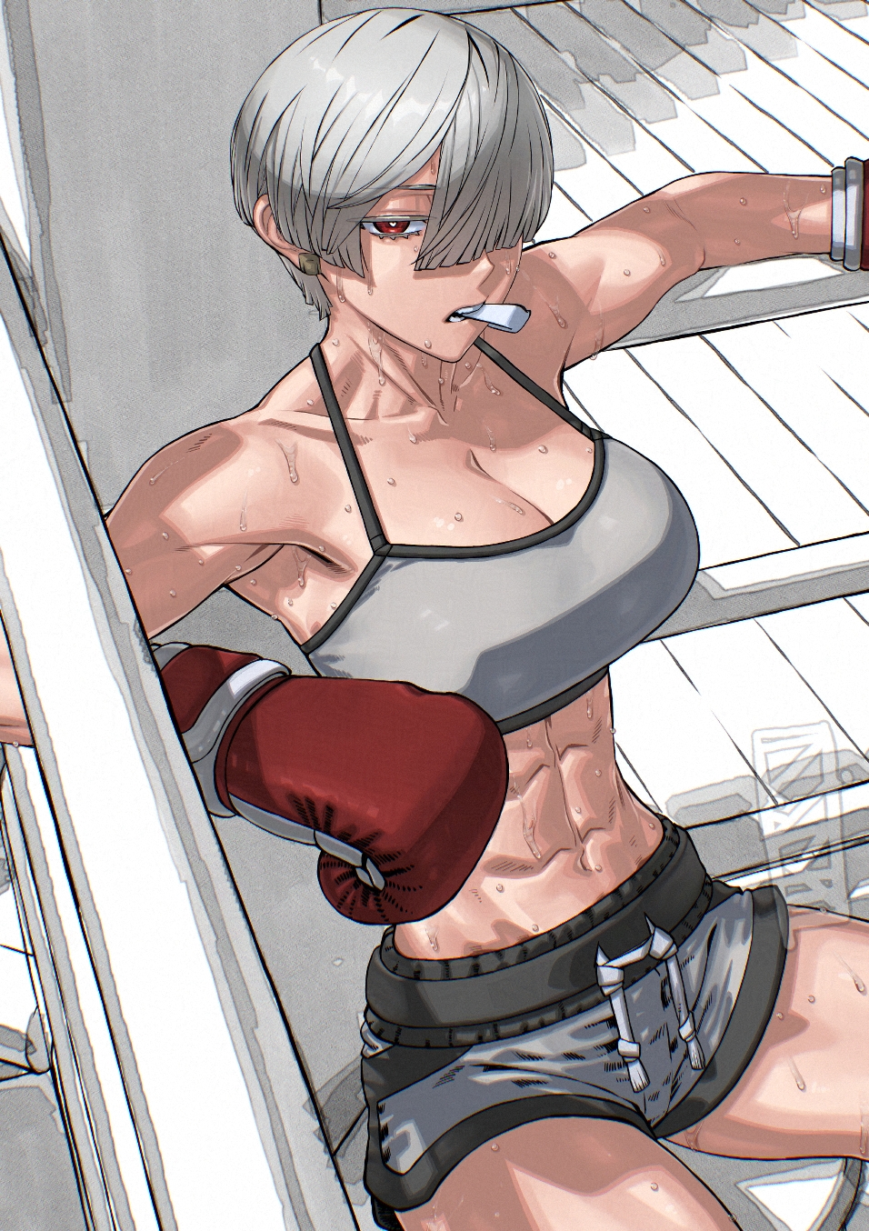 1girl, abs, biceps, boxing_gloves, breasts, commentary, feet_out_of_frame, grey_hair