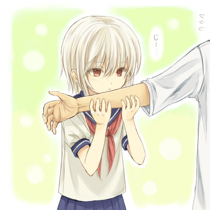 albino, arm_grab, bad_id, bow, genderswap, kurikinton, red_eyes, school_uniform