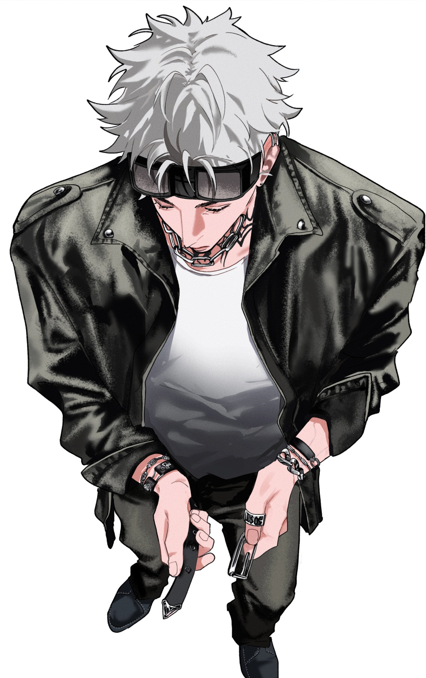 1boy, absurdres, belt, black-framed_eyewear, black_belt, black_jacket, black_pants, black_shoes