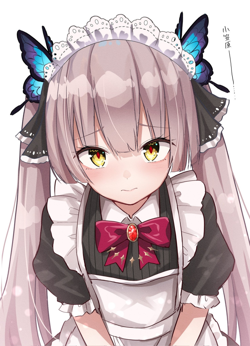 1girl, apron, blunt_bangs, butterfly_hair_ornament, commentary_request, enmaided, hair_ornament, heaven_burns_red