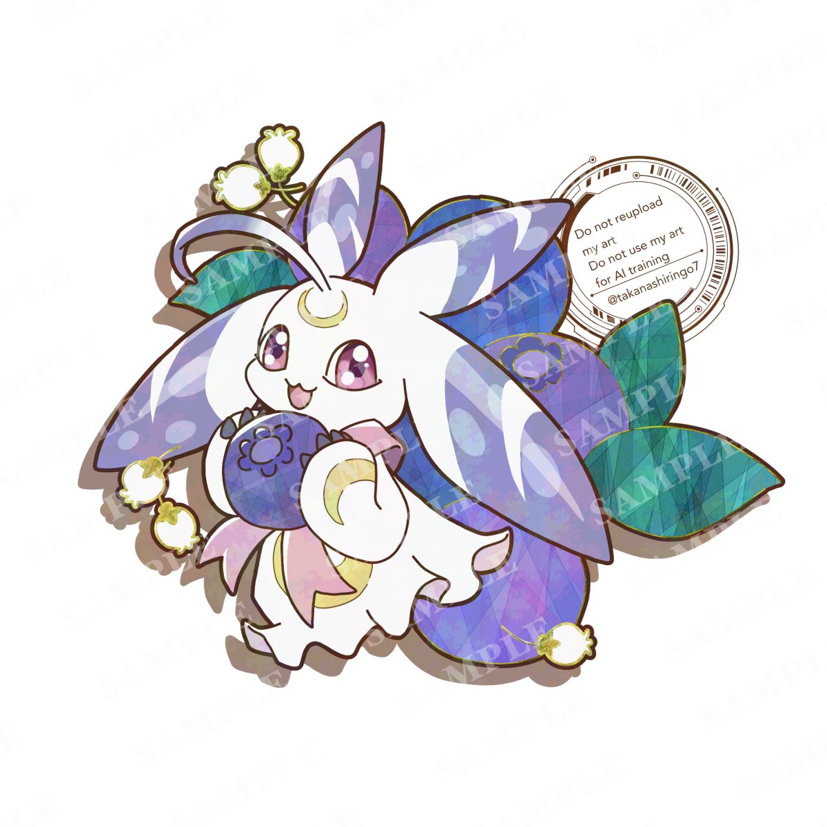 ahoge, crescent, digimon, digimon_(creature), facial_mark, forehead_mark, full_body, highres, lunamon, rabbit, solo, takanashiringo7, violet_eyes, white_background
