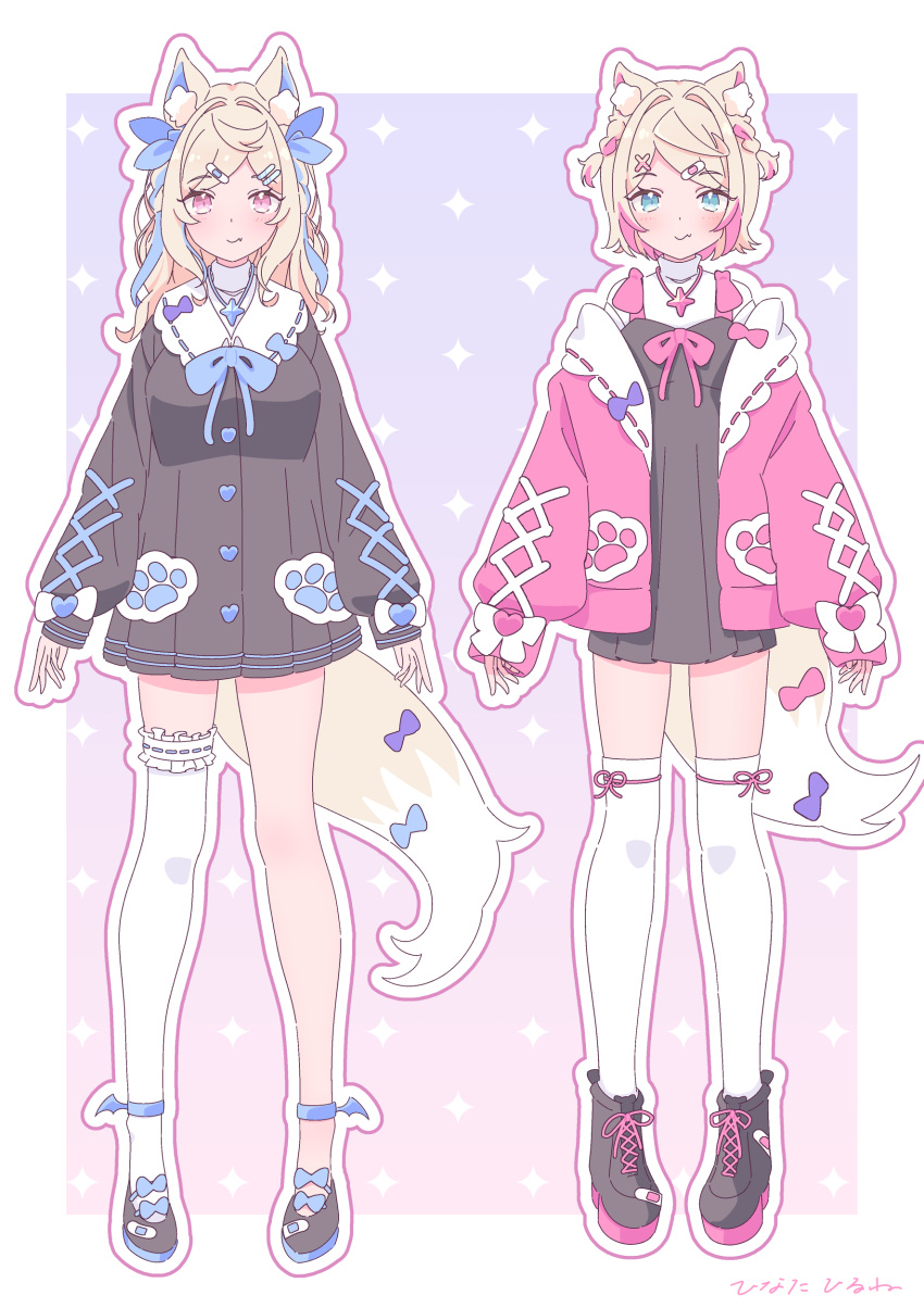2girls, absurdres, alternate_costume, animal_ears, bandaid, bandaid_hair_ornament, black_dress, black_shoes, blonde_hair, dog_ears, dog_girl, dog_tail, dress, fang, fuwawa_abyssgard, hair_ornament, highres, hinata_hirune, hololive, hololive_english, jacket, looking_at_viewer, mococo_abyssgard, multicolored_hair, multiple_girls, pink_jacket, pink_streaks, sailor_collar, shoes, siblings, single_thighhigh, sisters, skin_fang, streaked_hair, tail, thigh-highs, twins, virtual_youtuber, white_sailor_collar, white_thighhighs, x_hair_ornament