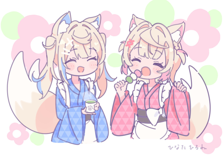 2girls, alternate_costume, animal_ear_fluff, animal_ears, blonde_hair, blue_kimono, blue_streaks, closed_eyes