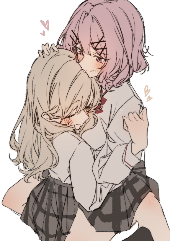 2girls, amaori_renako, ashigaya_high_school_uniform, blush, bow, bowtie, brown_hair, closed_eyes
