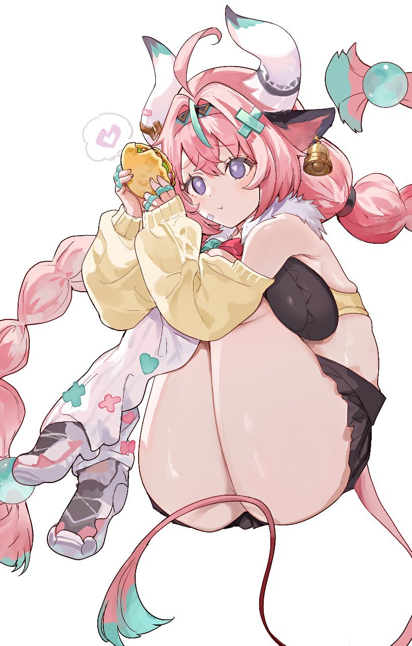animal_ears, aqua_hair, bandaid_on_horn, bell, breasts, commentary_request, cow_ears, cow_girl