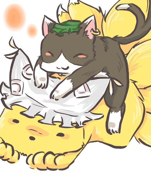 chen, chen_(cat), no_humans, touhou, tsukune_(budodesu), yakumo_ran, yakumo_ran_(fox)